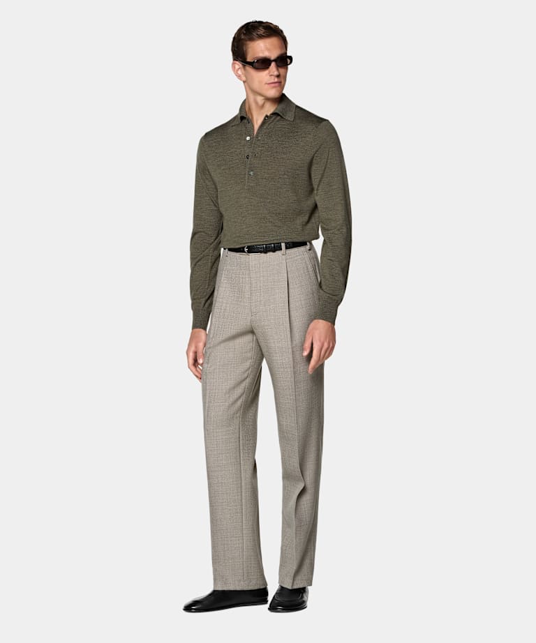 Mid Green Merino Long Sleeve Polo