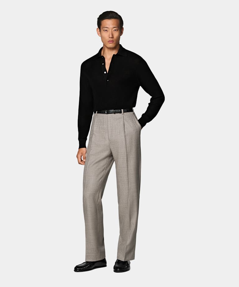 Black Ribbed Merino Long Sleeve Polo