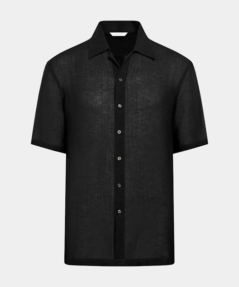 Black Viscose Linen Short Sleeve Shirt