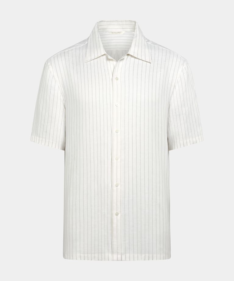 Light Grey Striped Linen Lyocell Short Sleeve Shirt