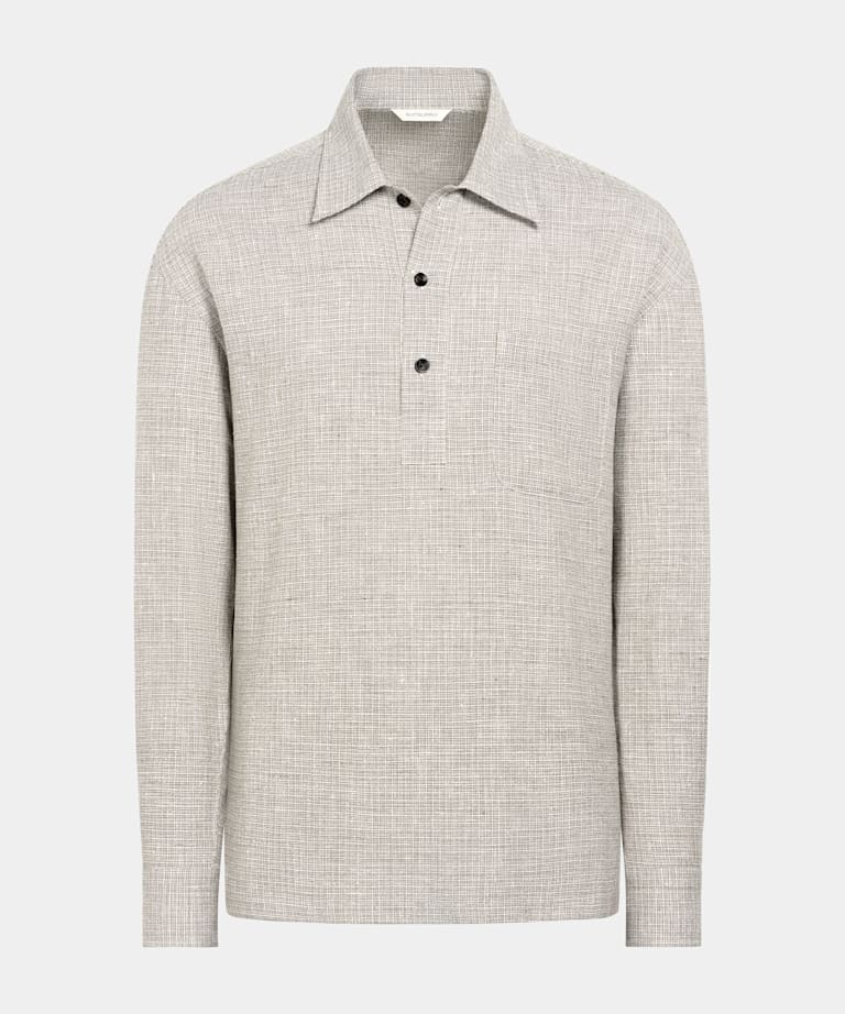 Mid Brown Checked Linen Cotton Blend Popover Shirt