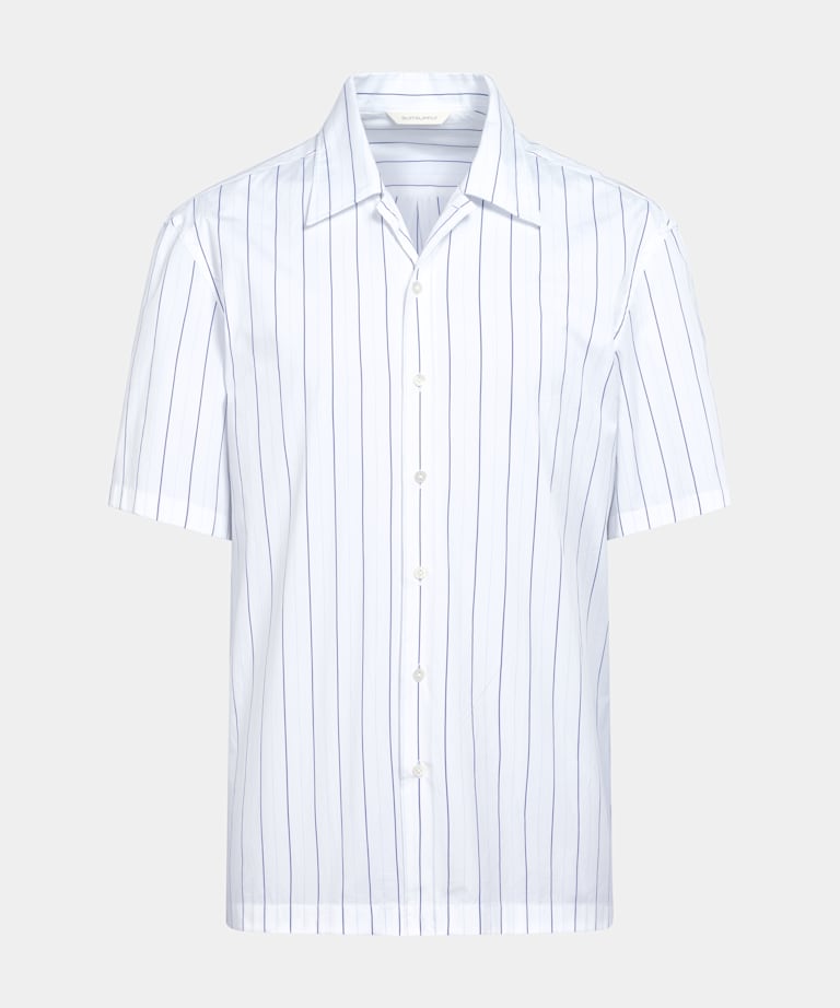 Mid Blue Striped Cotton Short Sleeve Shirt