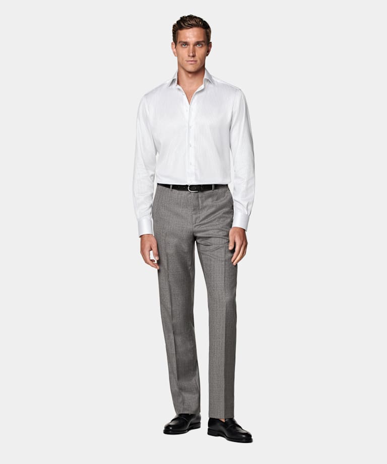 Grey Striped Twill Tailored Fit Shirt