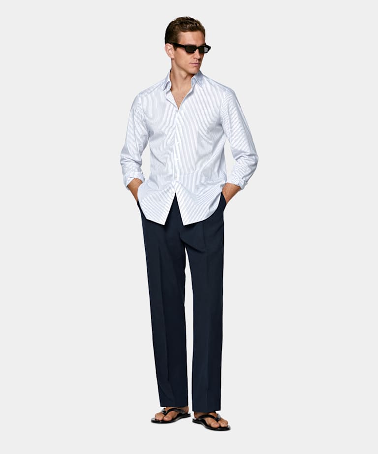 Mid Blue Striped Classic Collar Shirt