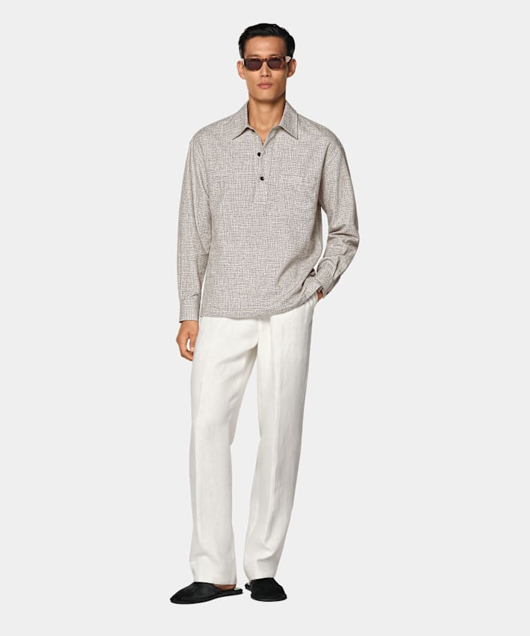 Mid Brown Checked Linen Cotton Blend Popover Shirt
