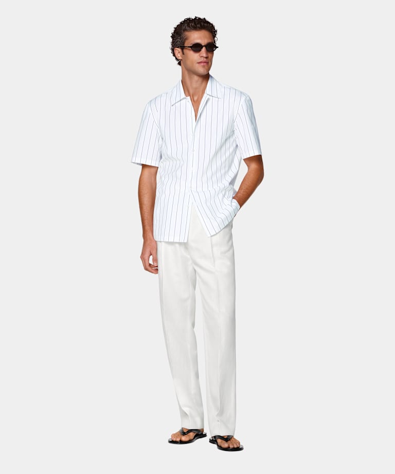 Mid Blue Striped Cotton Short Sleeve Shirt