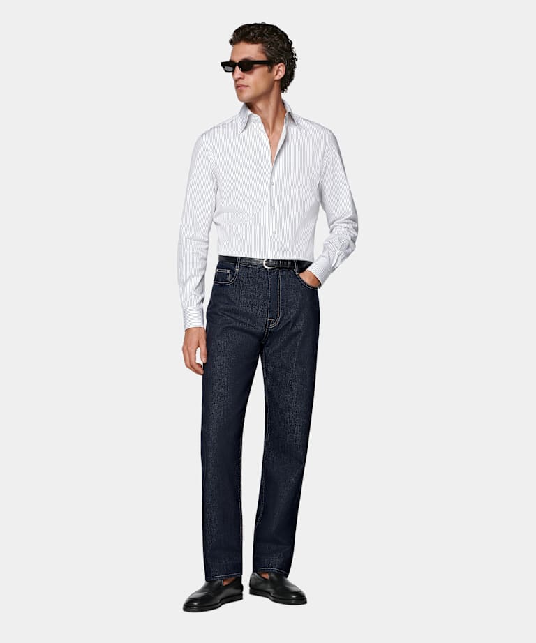 White Striped Point Collar Shirt