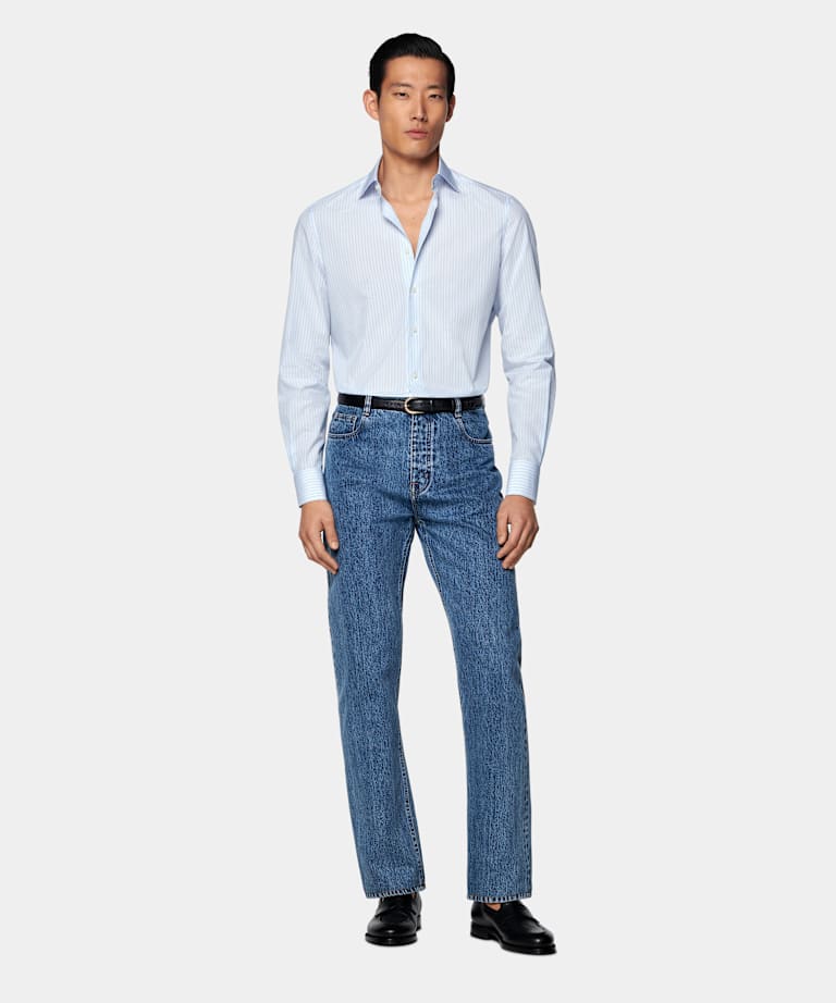 Light Blue Striped Widespread Collar Shirt