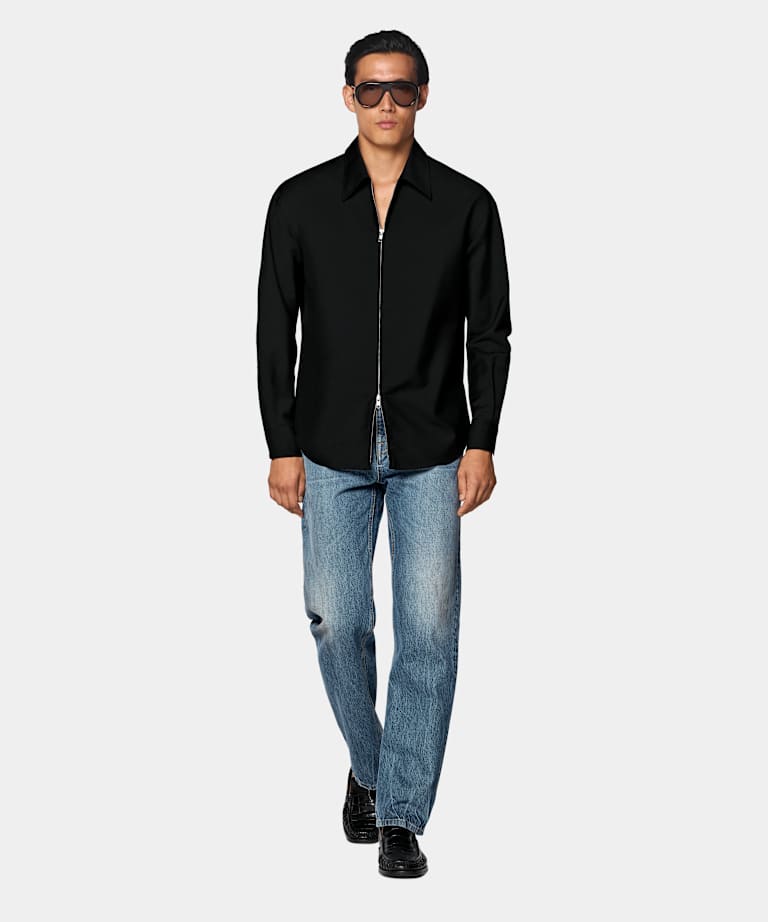 Surchemise zipp&eacute;e en laine mohair noire