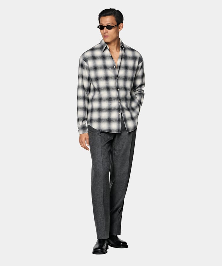 Camisa Algod&oacute;n y Cachemir Gris Oscuro a Cuadros