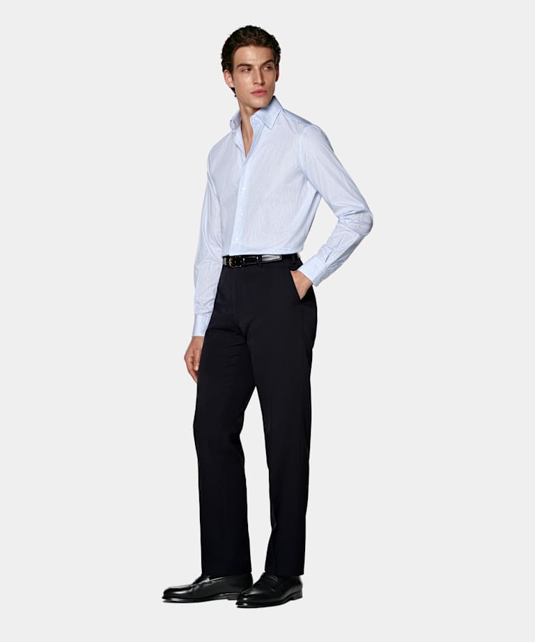 Mid Blue Striped Classic Collar Shirt
