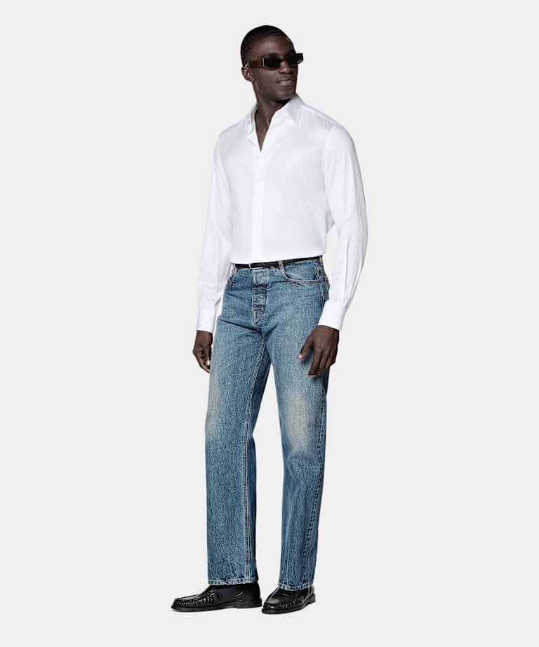 Mid Blue Striped Classic Collar Shirt