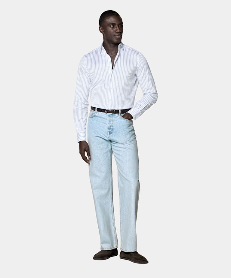 Mid Blue Striped Classic Collar Shirt
