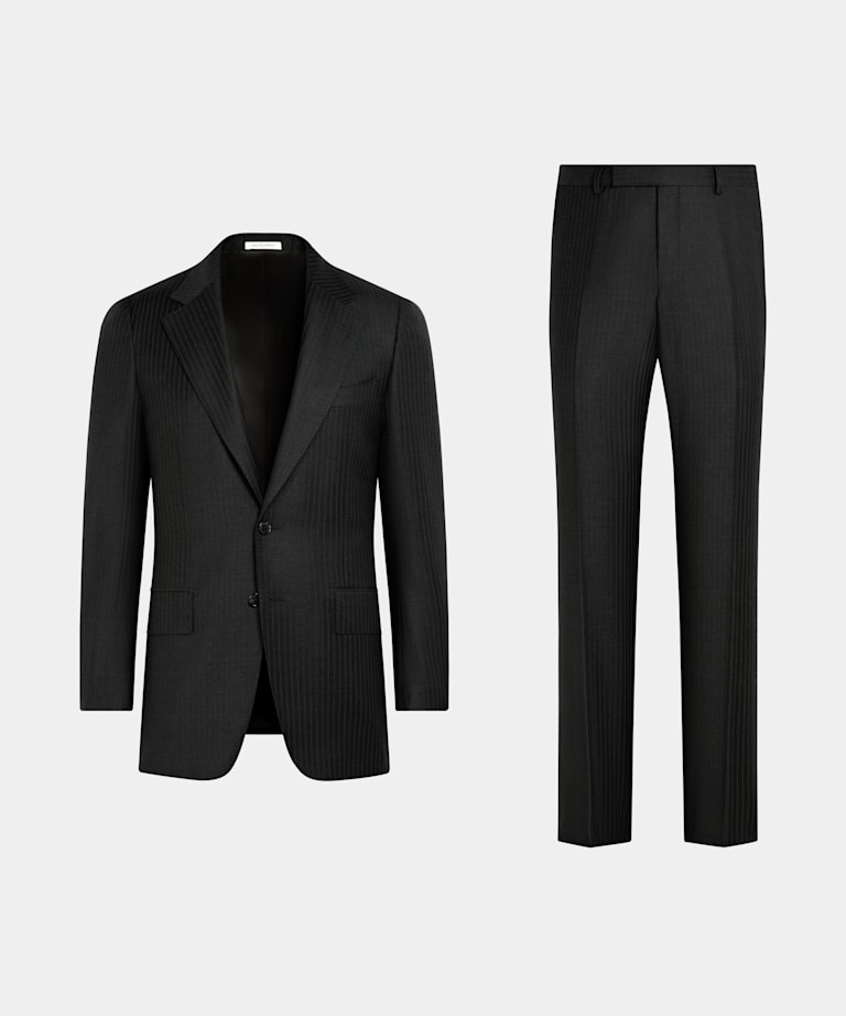 Dark Grey Striped Tailored Fit Milano Suit