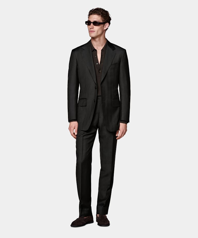 Dark Brown Herringbone Tailored Fit Milano Suit