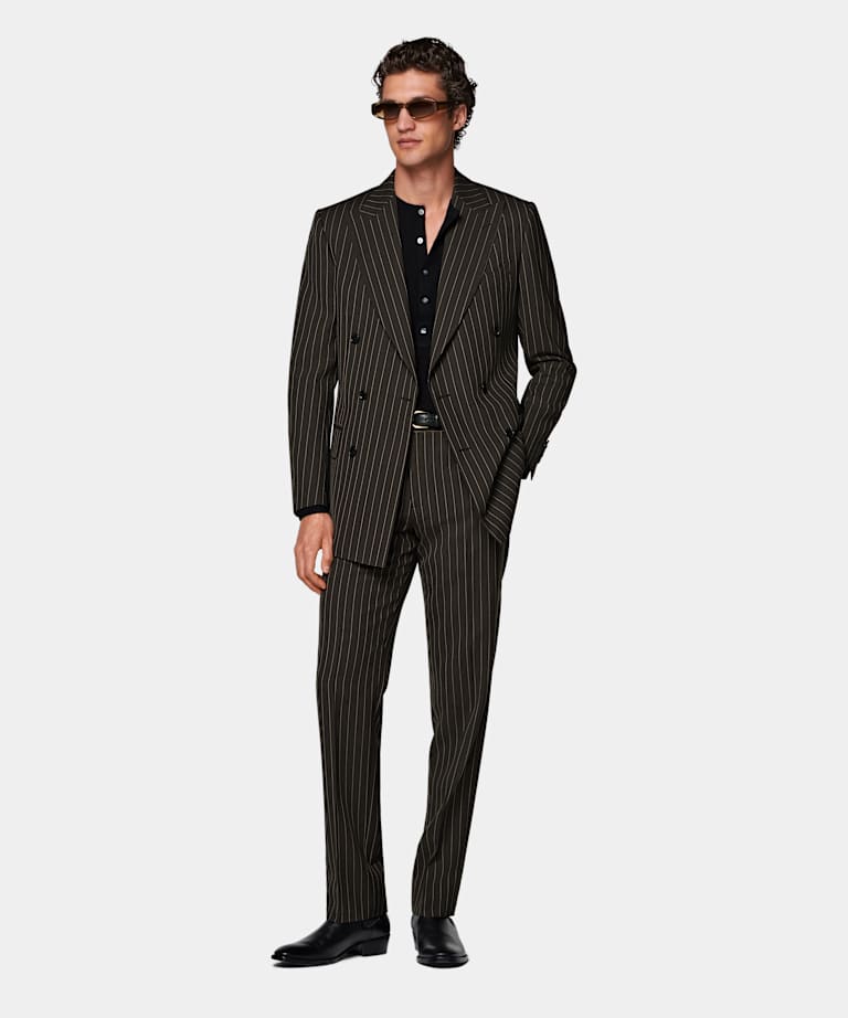 Dark Green Striped Tailored Fit Milano Suit