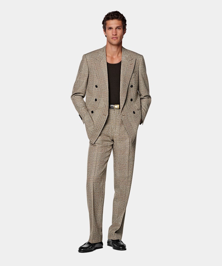Mid Brown Checked Relaxed Fit Roma Suit