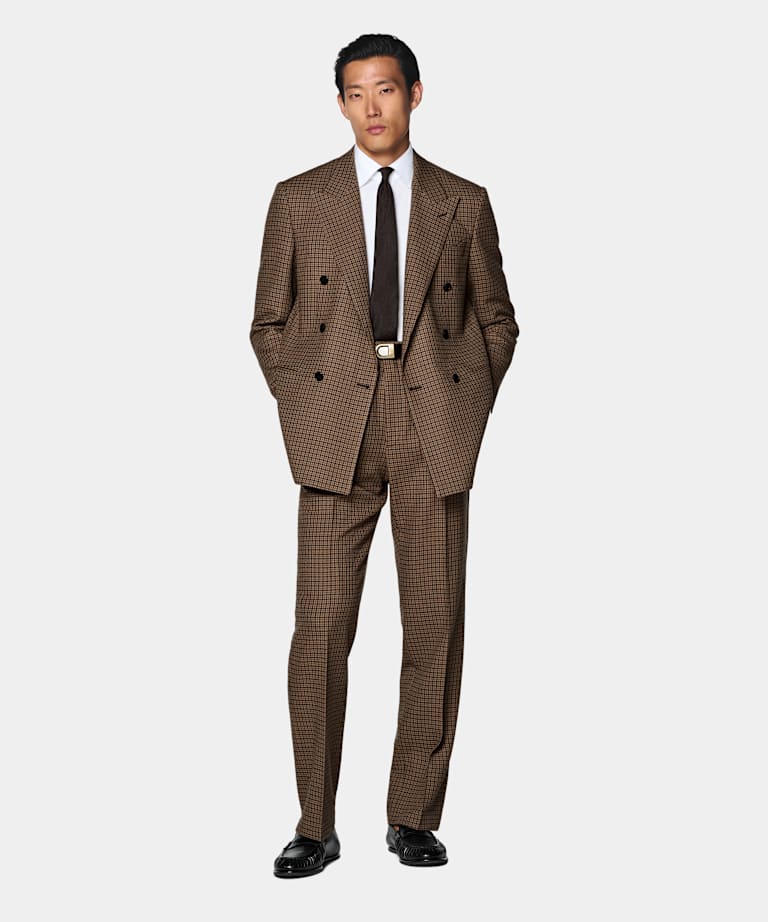 Mid Brown Checked Relaxed Fit Roma Suit
