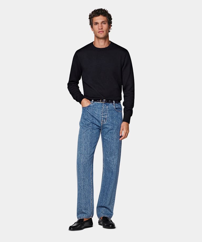 Mid Blue Straight Leg Tapered Jeans