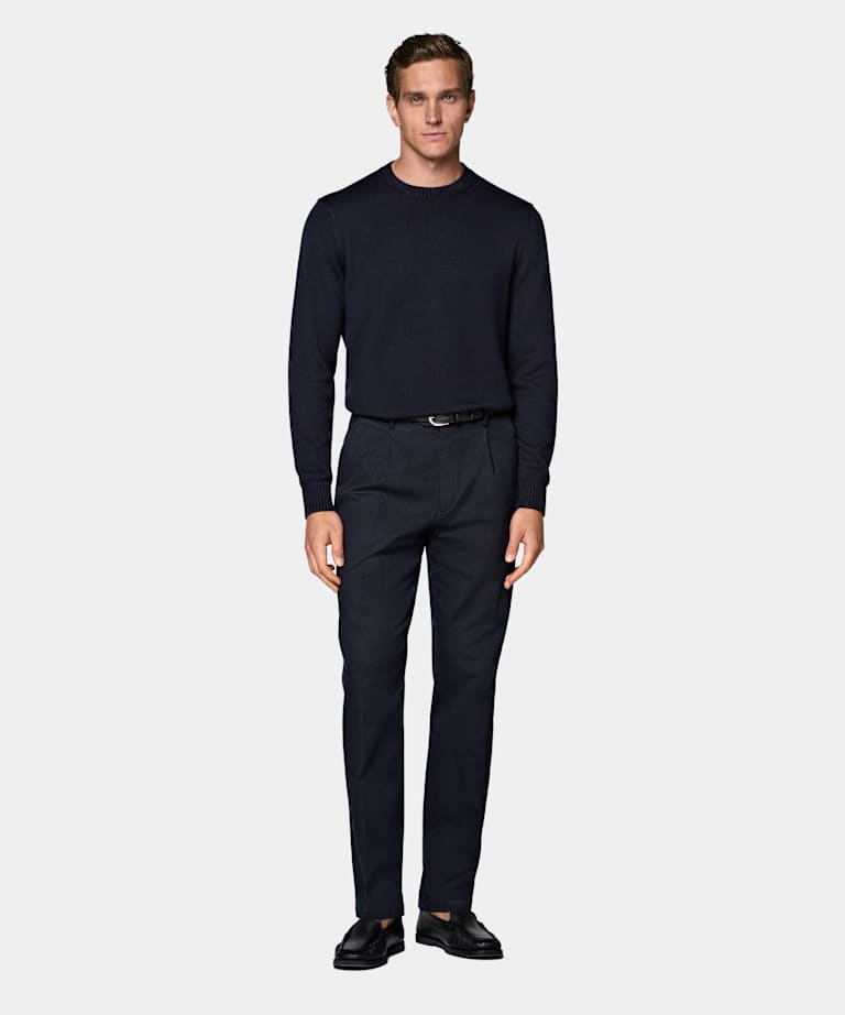 Navy Wide Leg Tapered Chinos