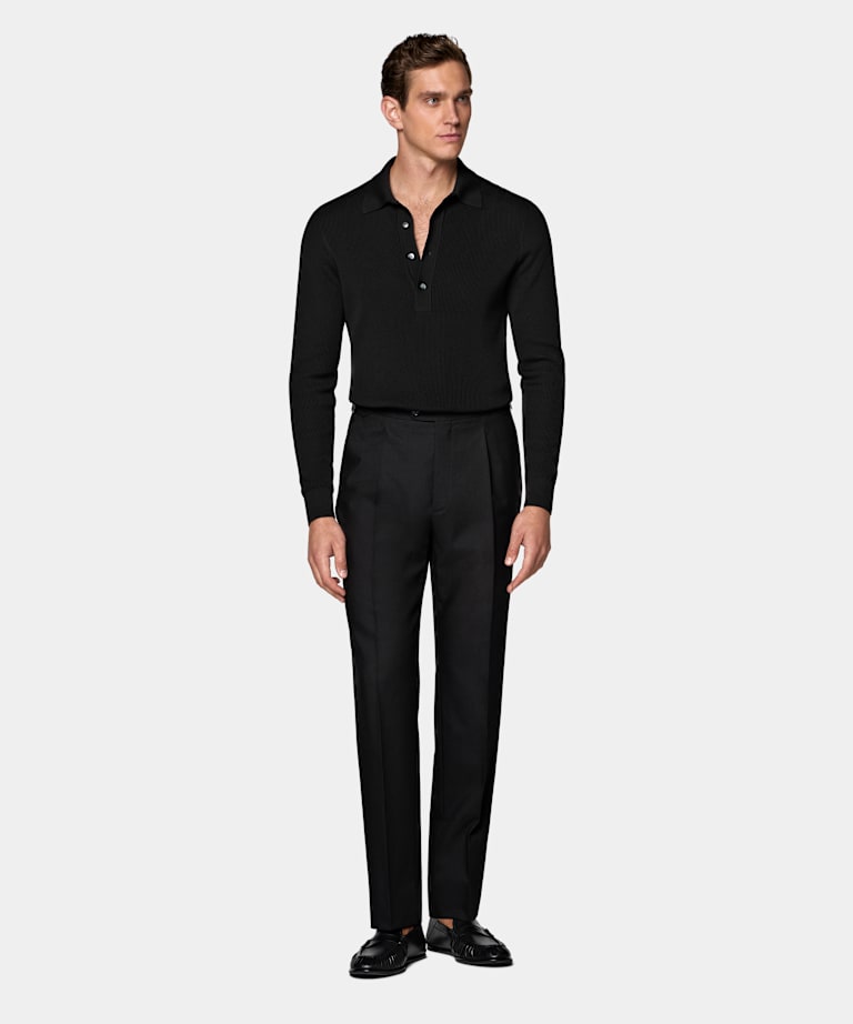 Black Wide Leg Tapered Suit Trousers