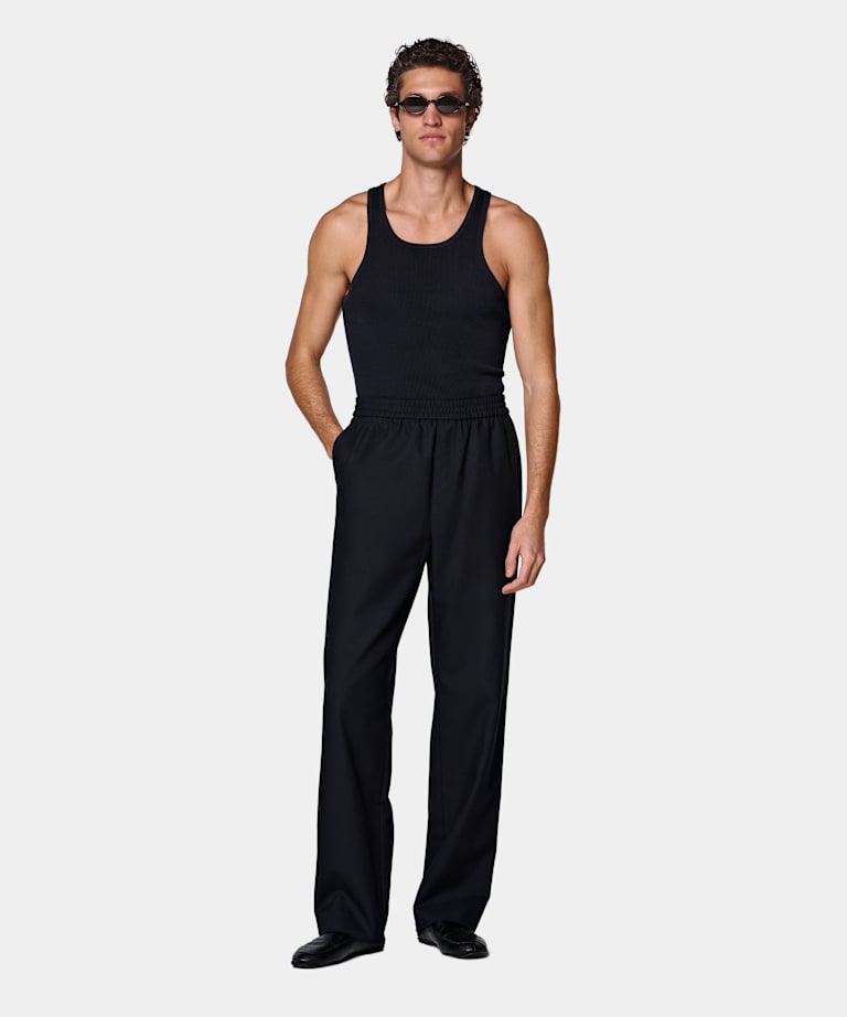 Navy Wide Leg Straight Trousers