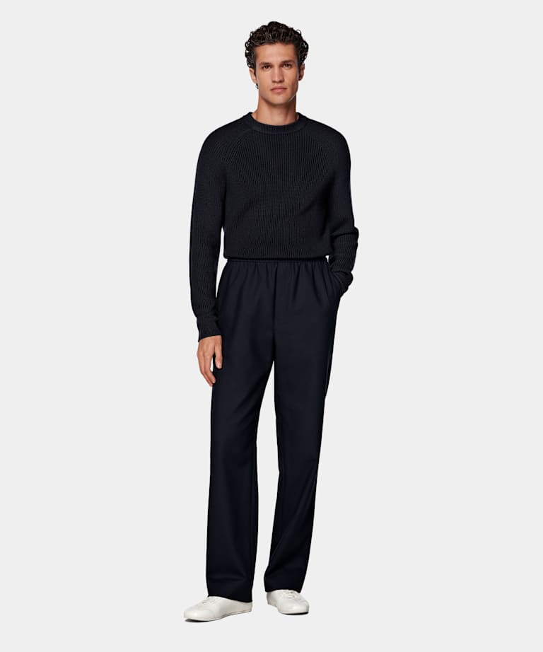 Navy Wide Leg Straight Trousers