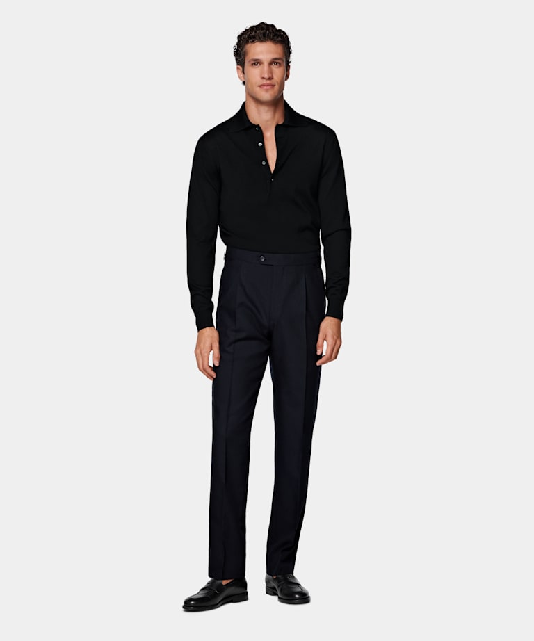 Navy Wide Leg Tapered Suit Trousers