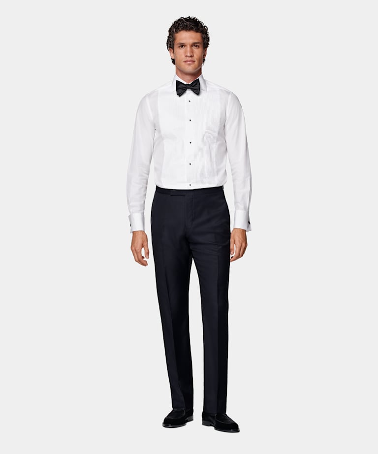 Navy Slim Leg Straight Tuxedo Trousers