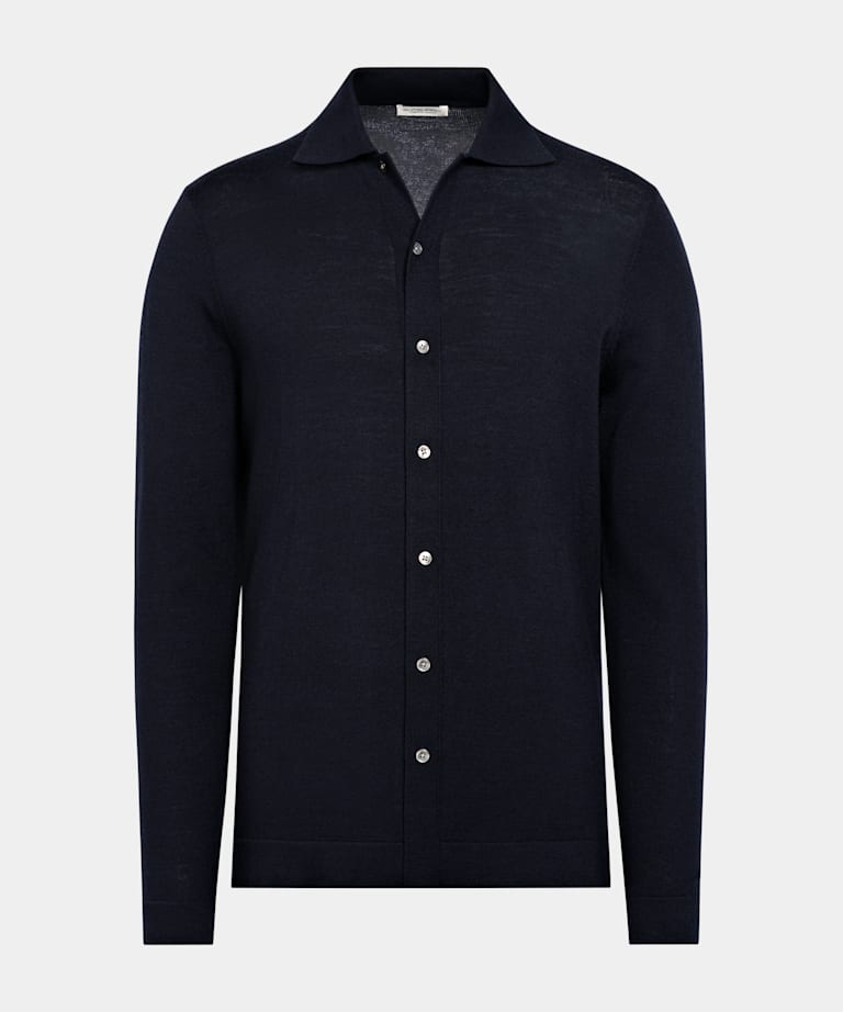 Cárdigan polo azul marino de manga larga merino