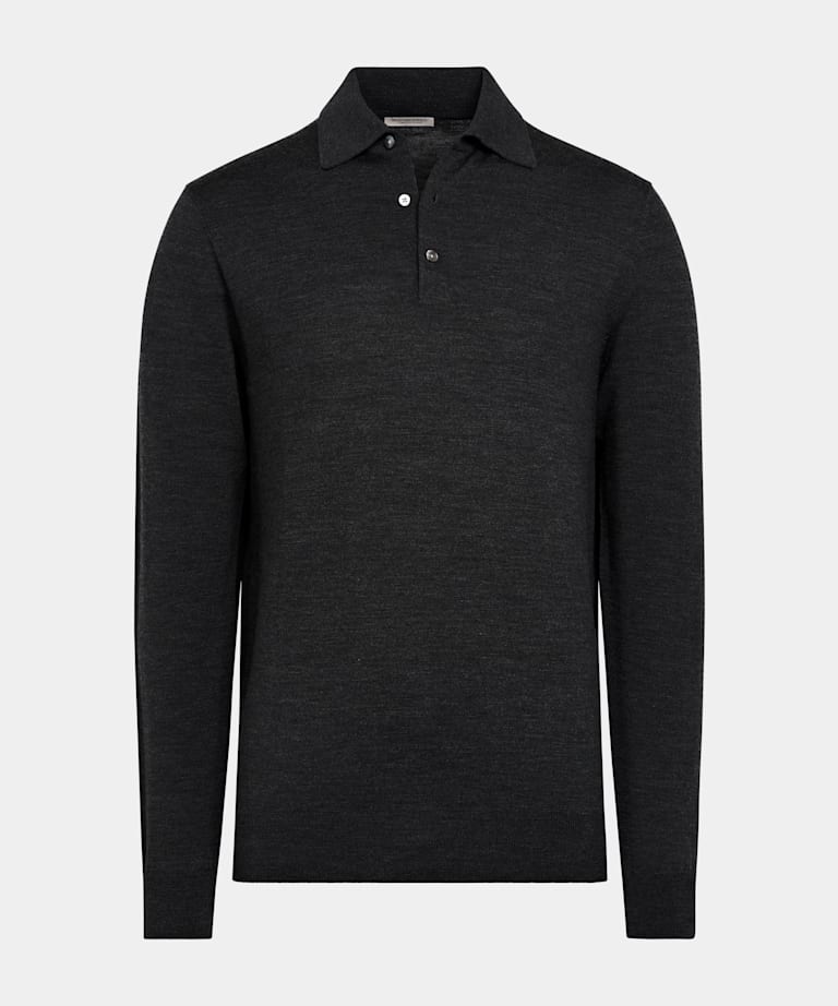 Dark Grey Merino Long Sleeve Polo