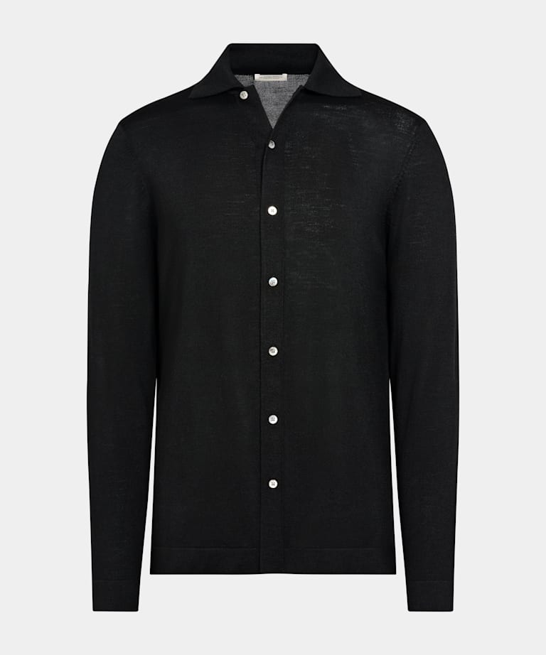 Cárdigan polo negro de manga larga merino