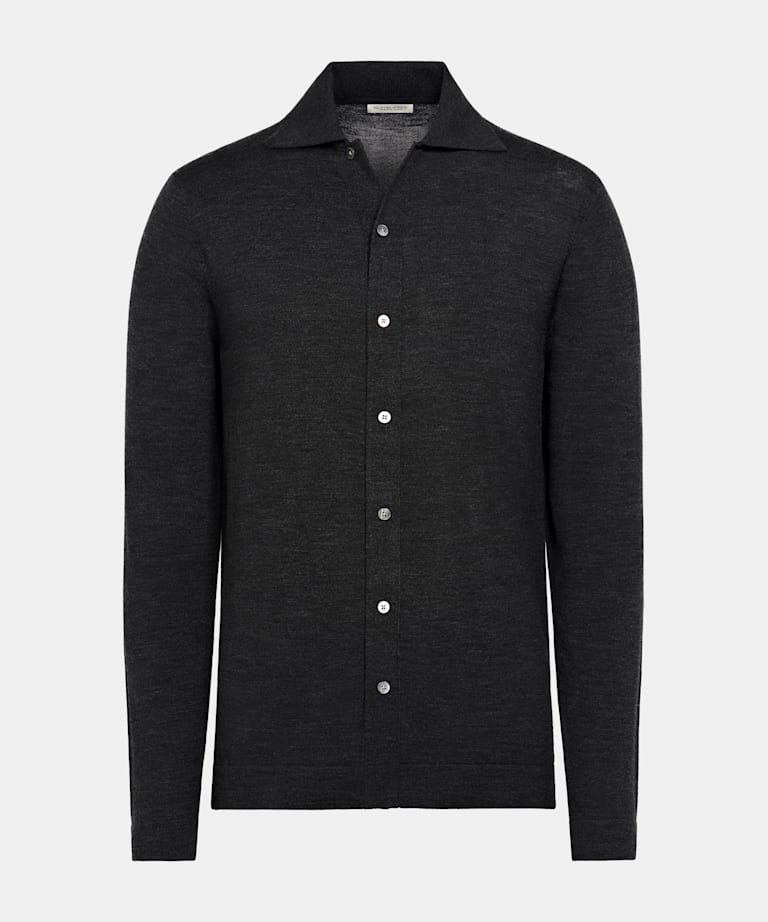 Dark Grey Merino Long Sleeve Polo Cardigan