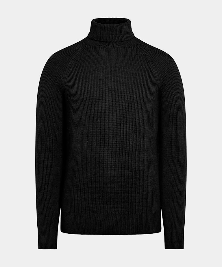 Merino Rollkragenpullover schwarz Rippstrick