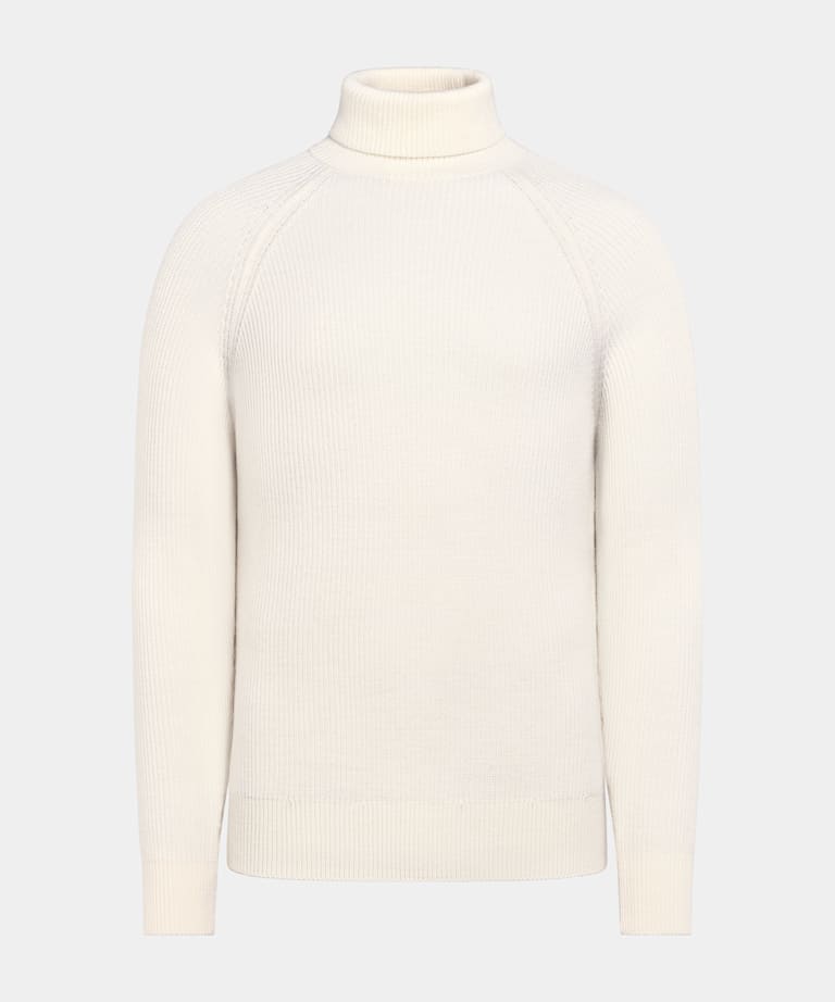 Merino Rollkragenpullover off-white Rippstrick