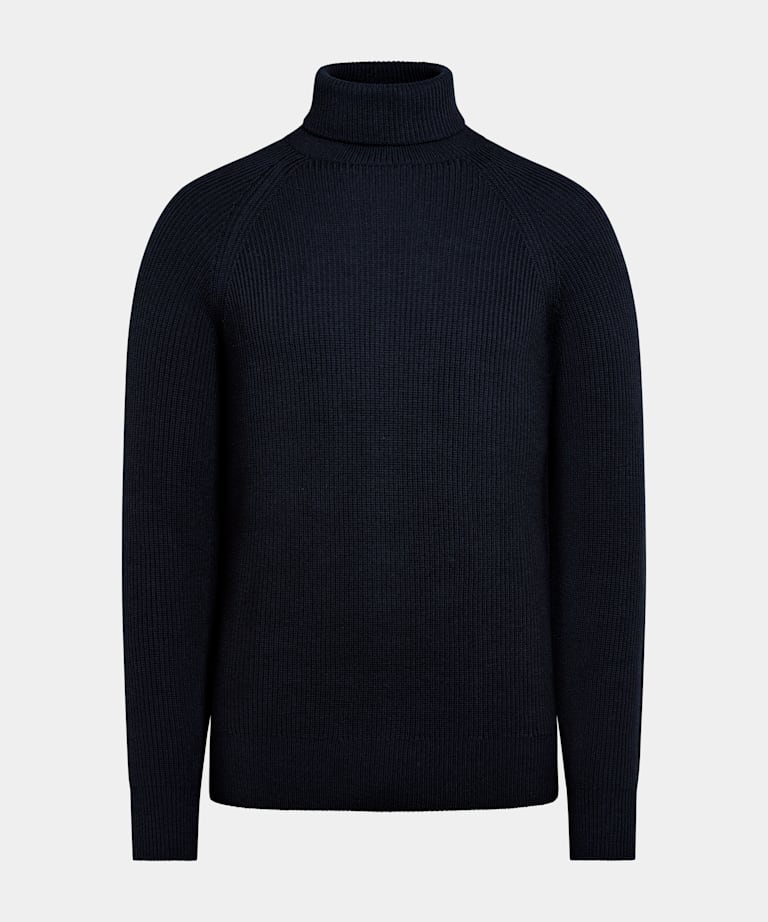 Merino Rollkragenpullover navy Rippstrick