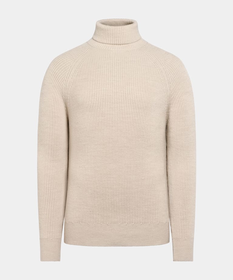 Merino Rollkragenpullover sand Rippstrick