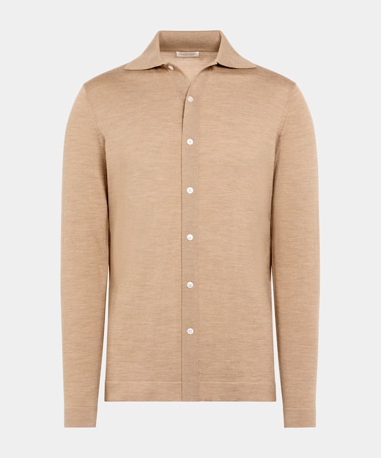 Cárdigan polo marrón intermedio de manga larga merino
