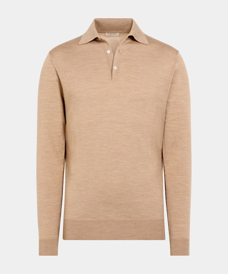 Polo de manga larga marrón intermedio merino