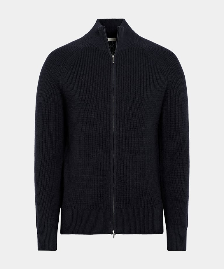 Navy Ribbed Zip Cardigan