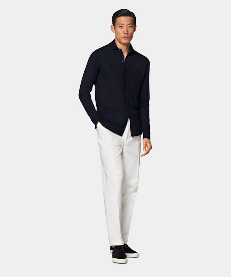 Navy Merino Long Sleeve Polo Cardigan