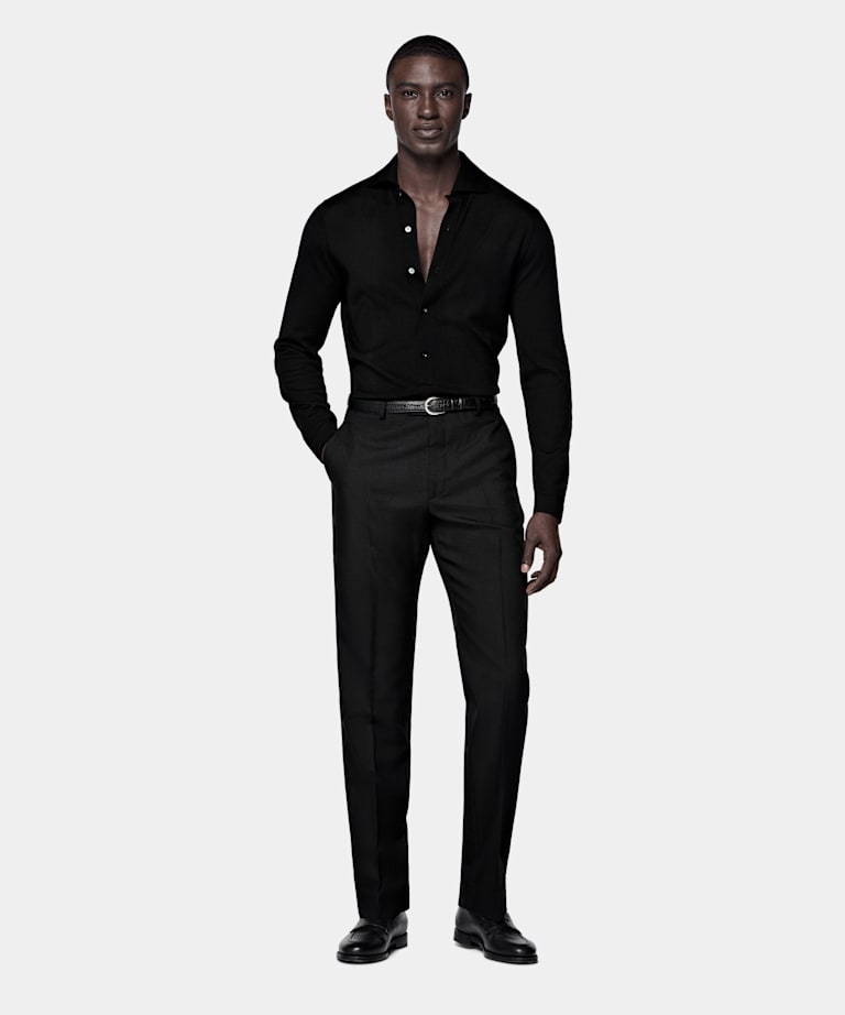 Black Merino Long Sleeve Polo Cardigan