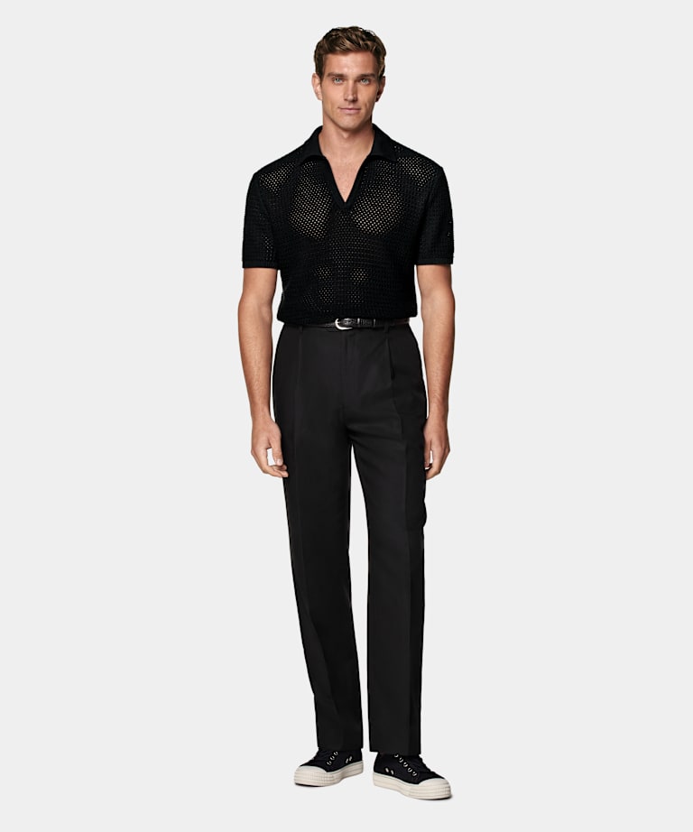 Black Crochet Buttonless Polo
