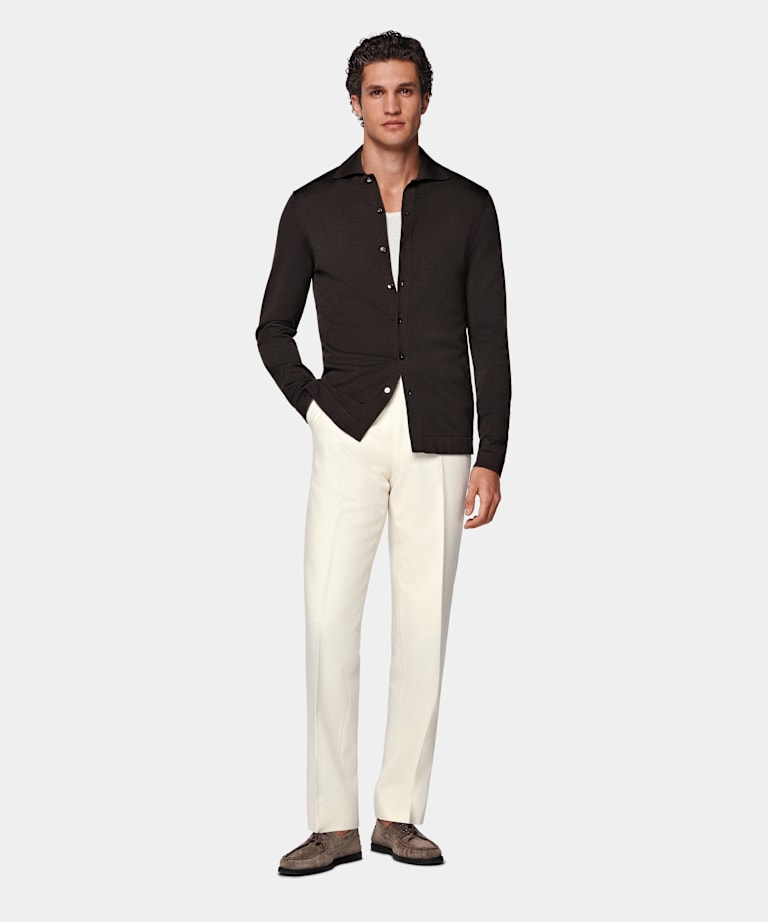 Dark Brown Long Sleeve Polo Cardigan