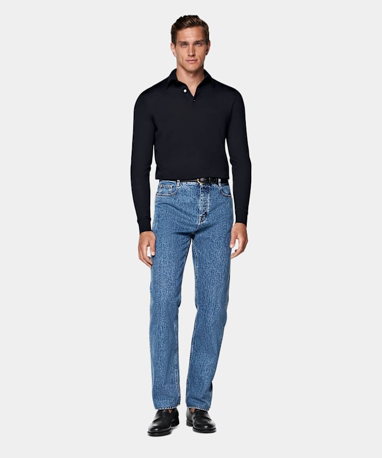 Navy Merino Long Sleeve Polo