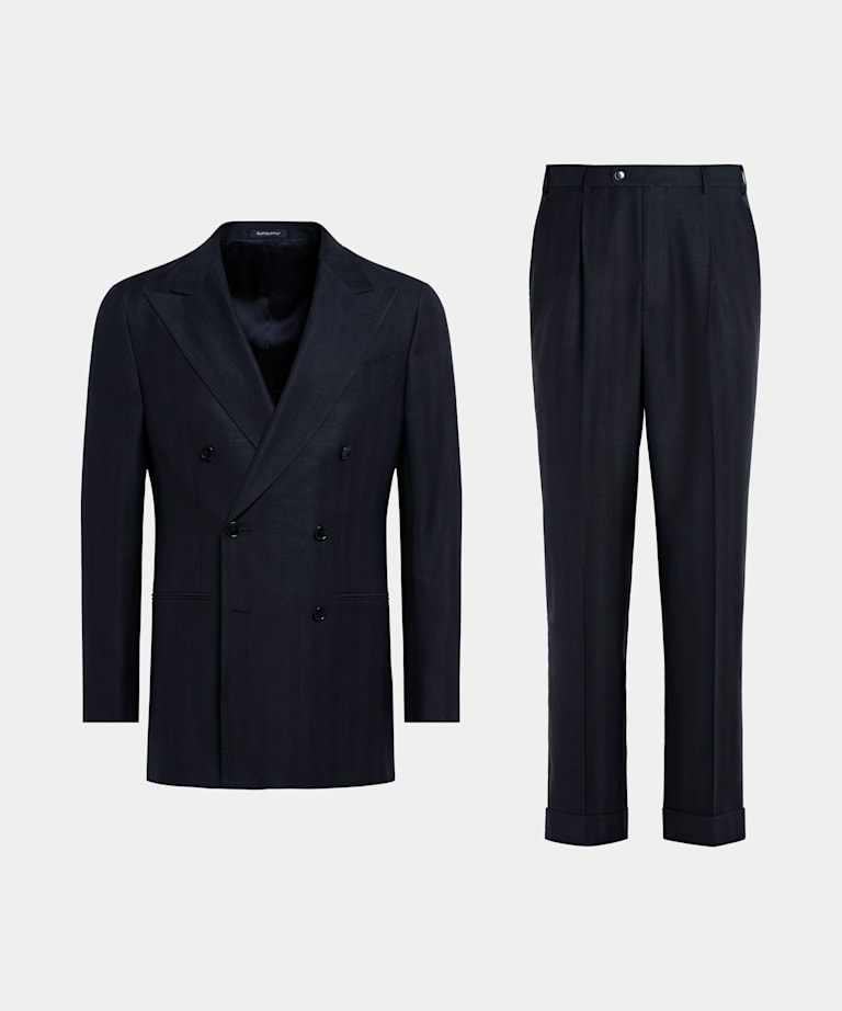 Navy Herringbone Tailored Fit Havana Suit