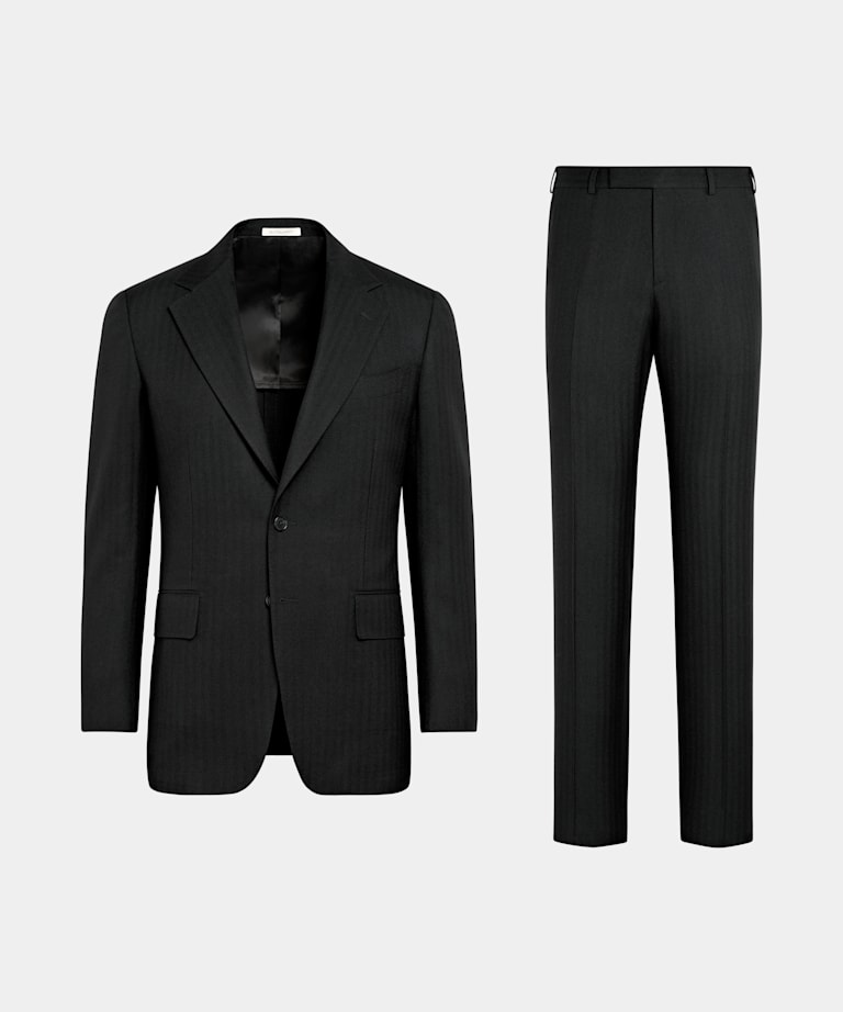 Black Herringbone Tailored Fit Milano Suit