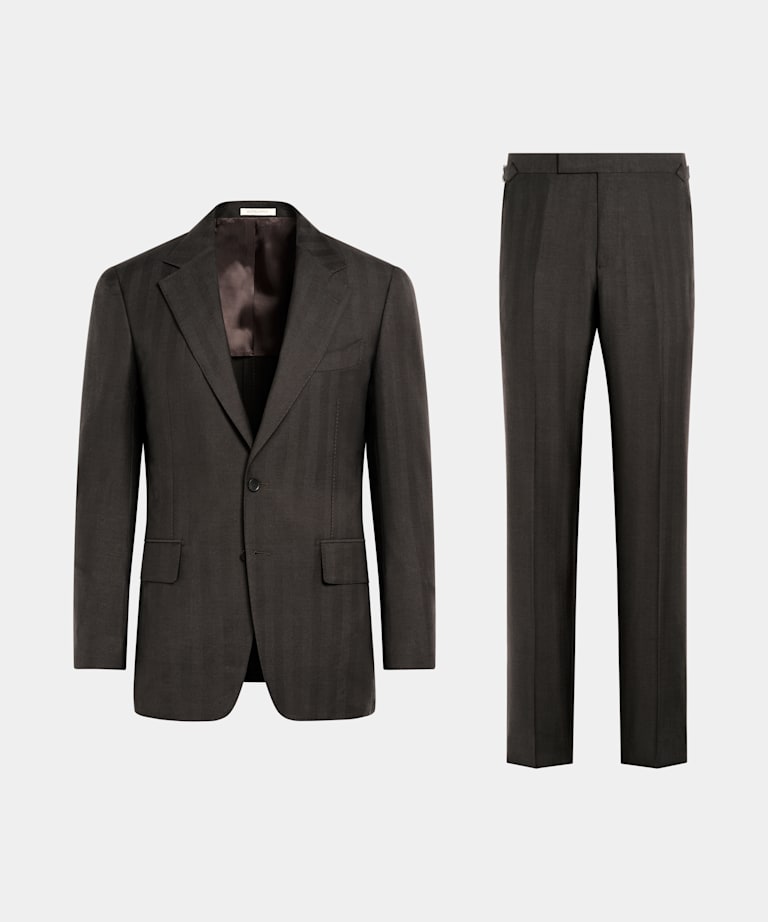 Dark Brown Herringbone Tailored Fit Milano Suit