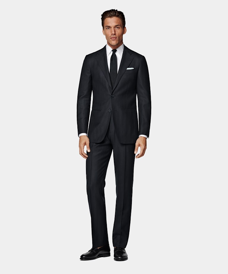 Navy Herringbone Tailored Fit Havana Suit