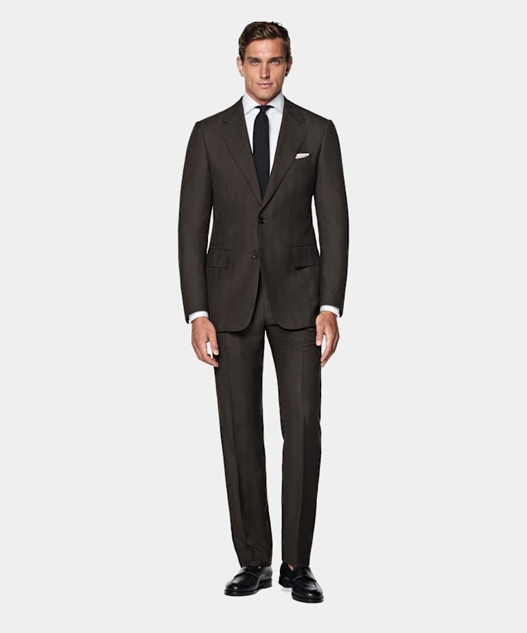 Traje Milano marrón oscuro punto de espiga corte Tailored